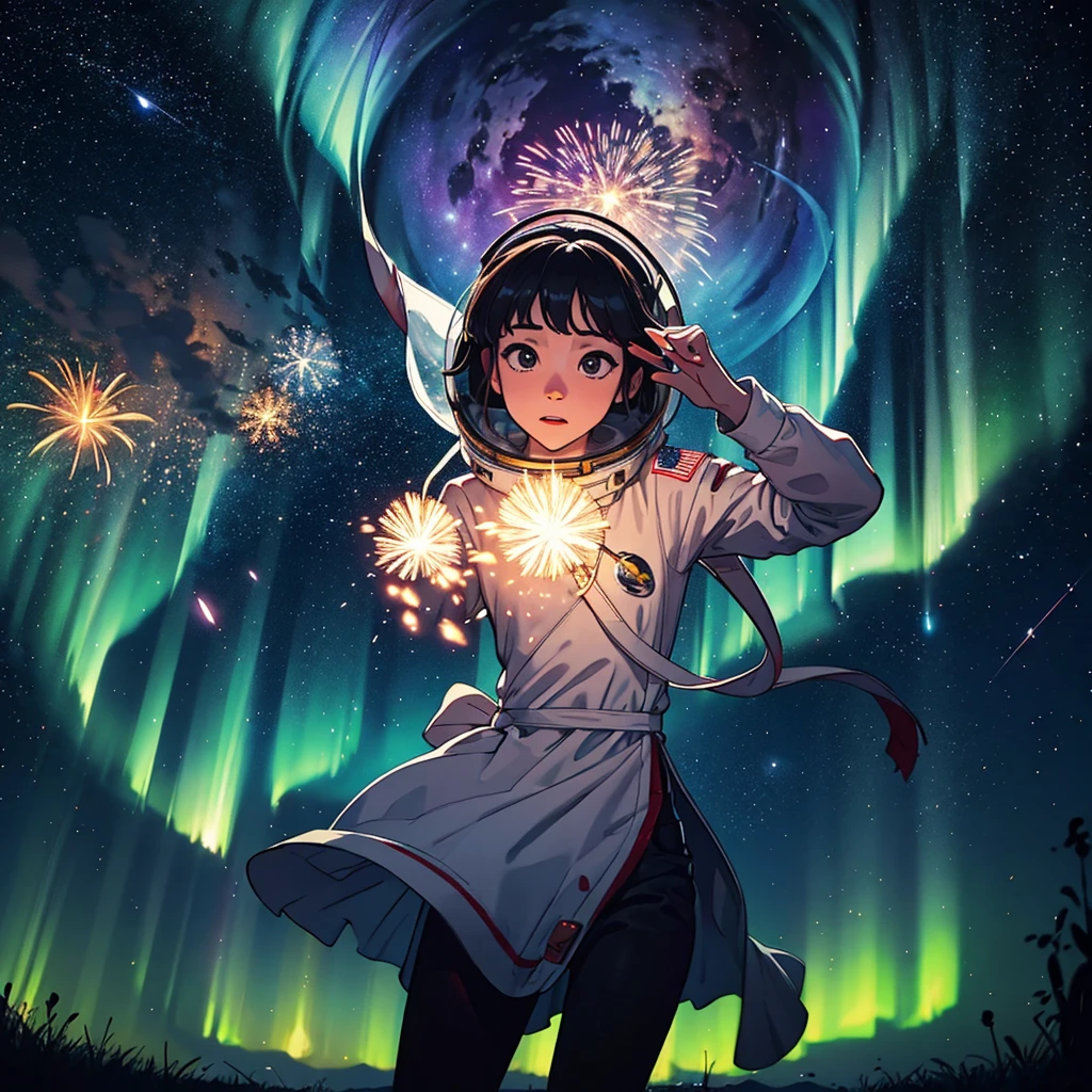 "This is a stunning 8k original image masterpiece，It depicts a Q-version astronaut surrounded by a stunning starry sky., Vibrant aerial fireworks,Astronauts dancing on the moon while listening to MP3， and the spectacle of the aurora dancing in the Milky Way. This official artwork captures the beauty, Aesthetic, And use the fisheye lens effect to create festive animations. This is really a top-notch、The best quality depiction of the star&#39;s dream world."