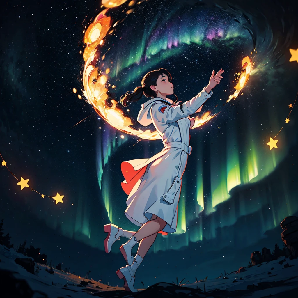 "This is a stunning 8k original image masterpiece，It depicts a Q-version astronaut surrounded by a stunning starry sky., Vibrant aerial fireworks,Astronauts dancing on the moon while listening to MP3， and the spectacle of the aurora dancing in the Milky Way. This official artwork captures the beauty, Aesthetic, And use the fisheye lens effect to create festive animations. This is really a top-notch、The best quality depiction of the star&#39;s dream world."