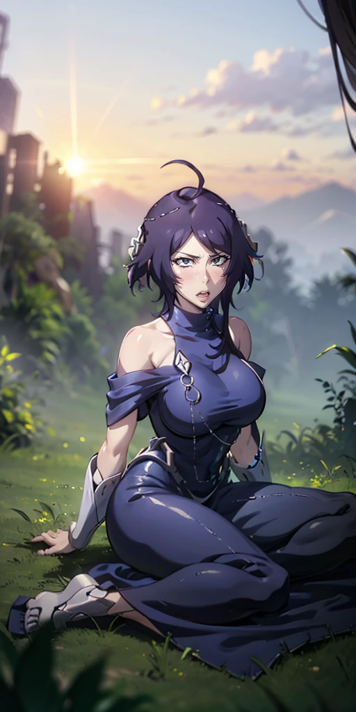 MC, ahoge, (long hari, purple hair:1.3), hair ornament, dark-blue eyes, breasts, epic art, fantasy, 1girl, grass, solo, barefoot, sitting, breasts, mountain, sunset, dress, bare_shoulders, outdoors, looking_at_viewer, off_shoulder, field, sky, lake, collarbone, mountainous_horizon, indian_style, twilight, tree, black_dress, large_breasts, scenery, medium_breasts, feet, off-shoulder_dress, (bokeh:1.3), rock, hollow eyes, bright pupils, dark-blue eyes, looking at viewer. (glowing eyes:1.3), heavy breathing, smirk, upper teeth, steaming
blush face