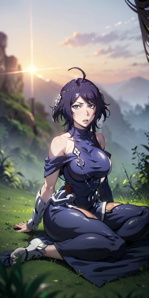 MC, ahoge, (long hari, purple hair:1.3), hair ornament, dark-blue eyes, breasts, epic art, fantasy, 1girl, grass, solo, barefoot, sitting, breasts, mountain, sunset, dress, bare_shoulders, outdoors, looking_at_viewer, off_shoulder, field, sky, lake, collarbone, mountainous_horizon, indian_style, twilight, tree, black_dress, large_breasts, scenery, medium_breasts, feet, off-shoulder_dress, (bokeh:1.3), rock, hollow eyes, bright pupils, dark-blue eyes, looking at viewer. (glowing eyes:1.3), heavy breathing, smirk, upper teeth, steaming
blush face