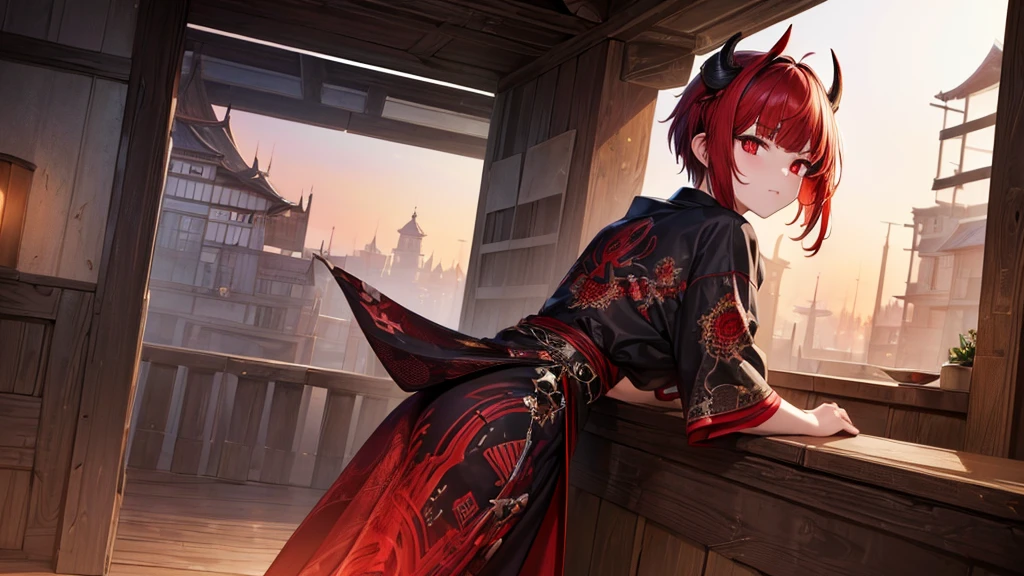 (masterpiece, top quality, best quality, official art, aesthetic:1.2), (1boy), boy, extremely detailed,(fractal art:1.2), highest detailed, wallpaper, ((predator pupils,red eyes)), short comma haircut, red hair, (black horns, horns towards the bangs), yukata outfit, (cowboy shot), in rooftop school, looking out