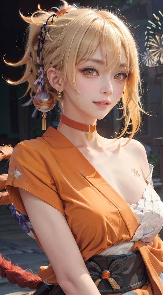 （（（blonde hair, bangs, hair ornament, ponytail, yellow eyes, arm tattoo, chest tattoo, Orange Eyes, sarashi, hair between eyes,（（（lagaspring，Collar,，Japanese clothes，orange kimono，Orange Japanese clotheandaged， Red Collar, clavicle,））），（（（Wide hips））），S-shaped body:1.7））），((tmasterpiece)),A high resolution, ((Best quality at best))，tmasterpiece，quality，Best quality，（（（ exquisite facial features，looking at viewert,There is light in the eyes，Smilingly，self-assured ））），（（（Light and shadow interlace，medium）））