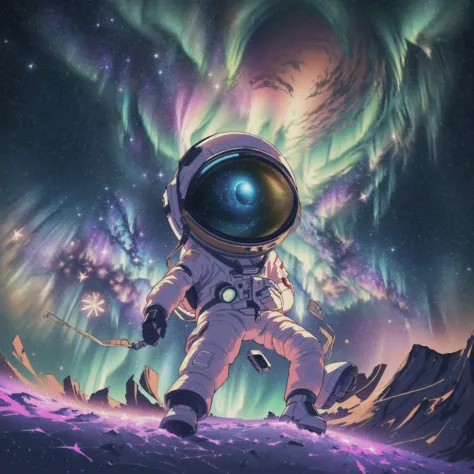 "This is a stunning 8k original image masterpiece，It depicts a Q-version astronaut surrounded by a stunning starry sky., Vibrant...
