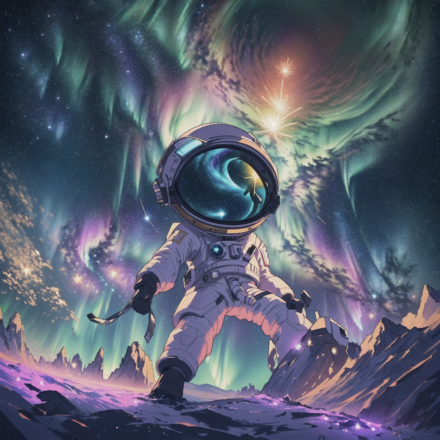 "This is a stunning 8k original image masterpiece，It depicts a Q-version astronaut surrounded by a stunning starry sky., Vibrant aerial fireworks,Astronauts dancing on the moon while listening to MP3， and the spectacle of the aurora dancing in the Milky Way. This official artwork captures the beauty, Aesthetic, And use the fisheye lens effect to create festive animations. This is really a top-notch、The best quality depiction of the star&#39;s dream world."