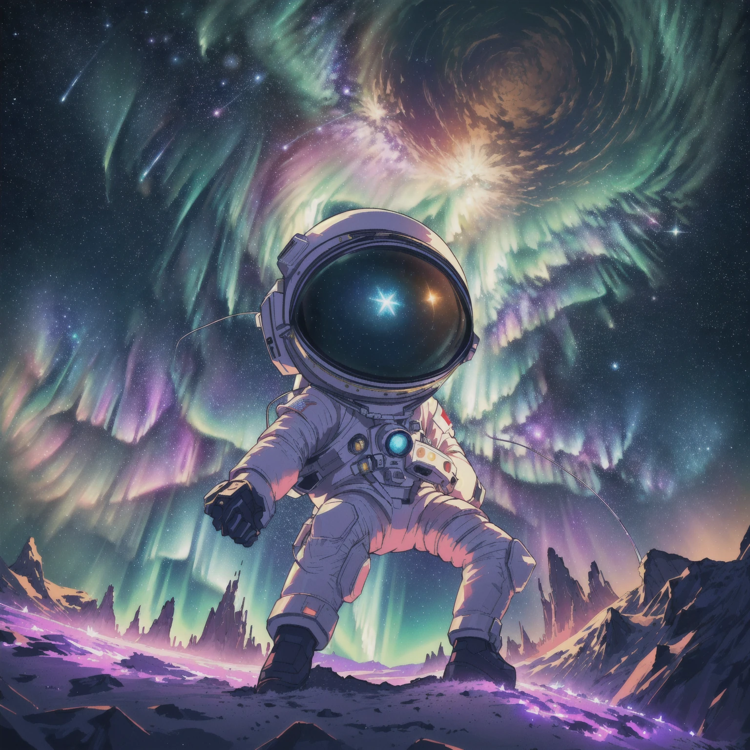 "This is a stunning 8k original image masterpiece，It depicts a Q-version astronaut surrounded by a stunning starry sky., Vibrant aerial fireworks,Astronauts dancing on the moon while listening to MP3， and the spectacle of the aurora dancing in the Milky Way. This official artwork captures the beauty, Aesthetic, And use the fisheye lens effect to create festive animations. This is really a top-notch、The best quality depiction of the star&#39;s dream world."