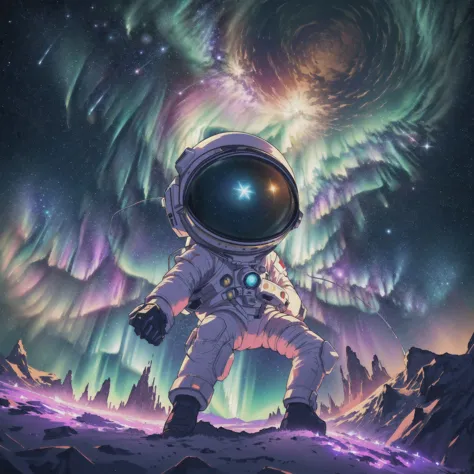 "This is a stunning 8k original image masterpiece，It depicts a Q-version astronaut surrounded by a stunning starry sky., Vibrant...