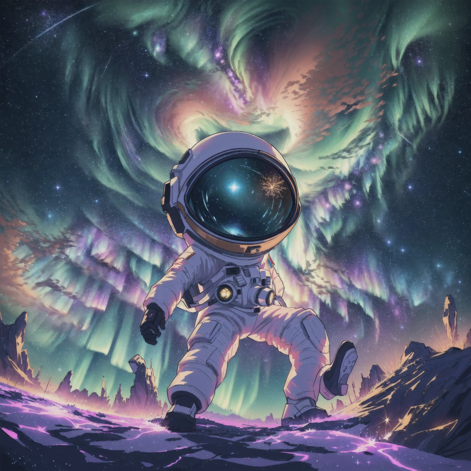 "This is a stunning 8k original image masterpiece，It depicts a Q-version astronaut surrounded by a stunning starry sky., Vibrant aerial fireworks,Astronauts dancing on the moon while listening to MP3， and the spectacle of the aurora dancing in the Milky Way. This official artwork captures the beauty, Aesthetic, And use the fisheye lens effect to create festive animations. This is really a top-notch、The best quality depiction of the star&#39;s dream world."