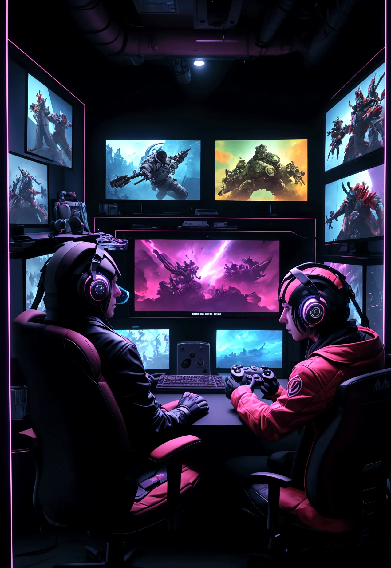 A vibrant image of a gamer with a controller in his hand, in front of several screens with different games.

Graphic elements th...