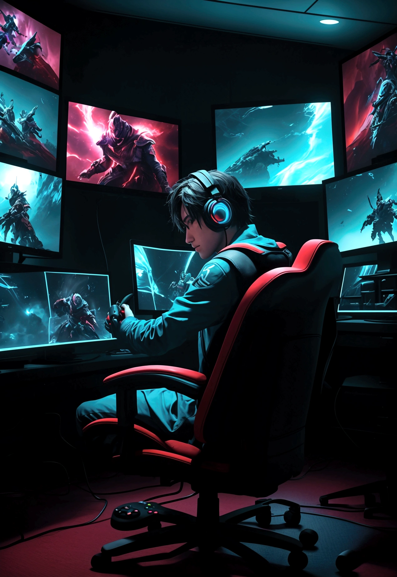 Una imagen vibrante de un jugador con un controlador en la mano., frente a varias pantallas con diferentes juegos.

Elementos gráficos que se asemejan a consolas y controles..