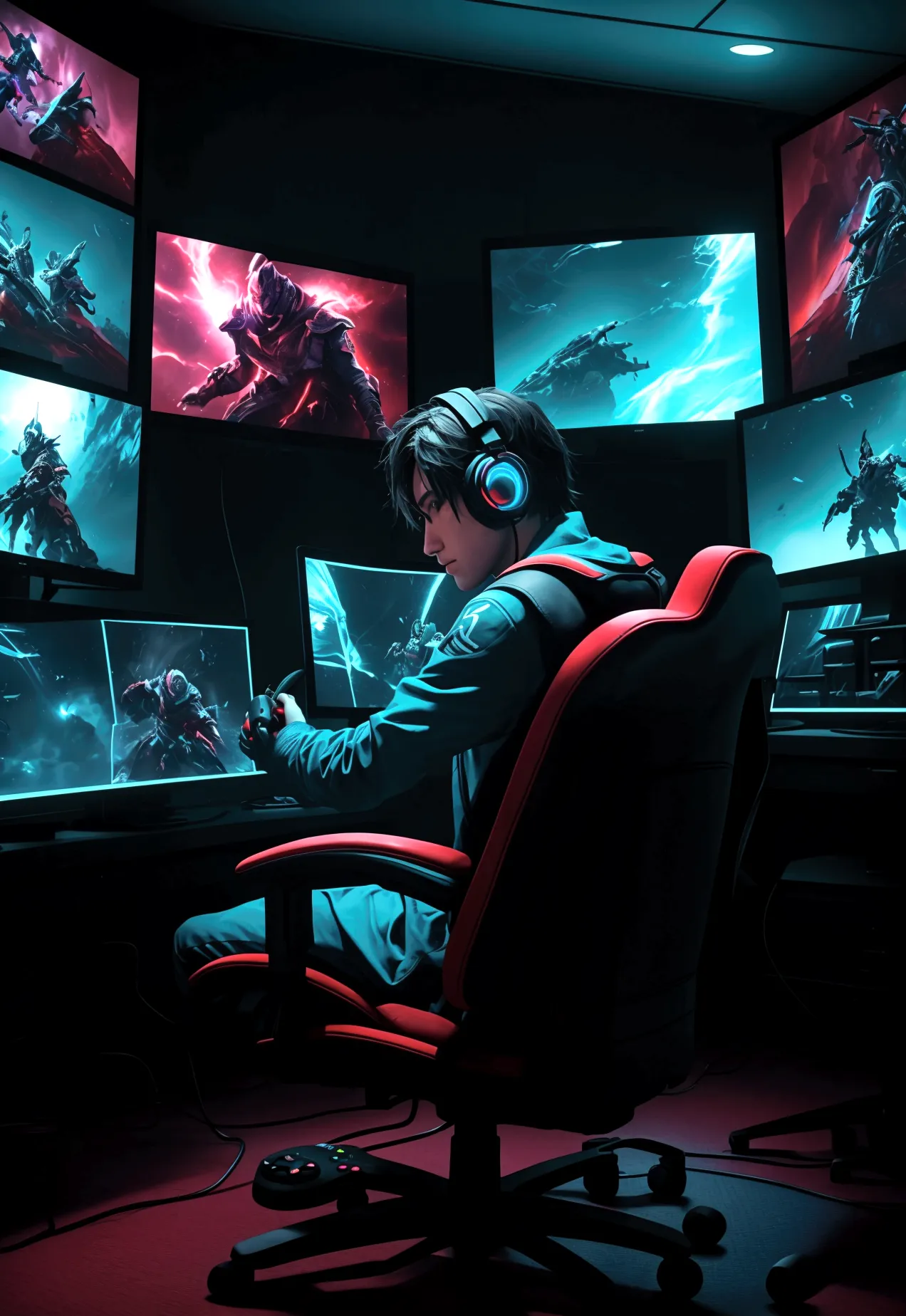 A vibrant image of a gamer with a controller in his hand, in front of several screens with different games.

Graphic elements that resemble consoles and controls.