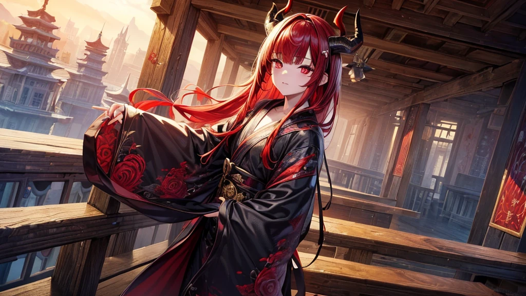 (masterpiece, top quality, best quality, official art, aesthetic:1.2), (1boy), boy, extremely detailed,(fractal art:1.2), highest detailed, wallpaper, ((predator pupils,red eyes)), red hair, (black horns, horns towards the bangs), yukata outfit, (cowboy shot), in rooftop school, looking out