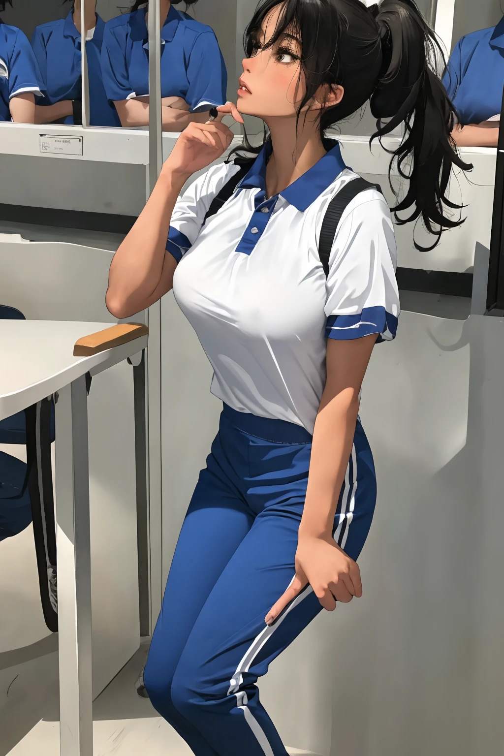 locker room, track suit, (Thin type:1.5),(large breasts), cleavage, (random hairstyle), (Highest image quality, (8K), Ultra-realistic, ((Realistic skin texture)), Best Quality, High quality, High Definition, high quality texture, high detailing, Beautiful detailed, fine detailed, extremely details CG, Detailed texture, realistic representation of face, masterpiece, presence), cute face, Manager Girl, Wearing a jersey, (ruanyi0533,blue pants,collared shirt,short sleeves,striped,sneakers,white shirt).