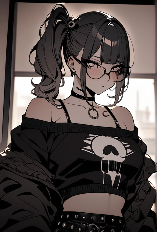 ホロpunkスタイル, (8K, RAW Photos, Highest quality, masterpiece: 1.2) Detailed face, masterpiece, One girl, beautiful,  punk, street, sweater, Off the shoulder, Bedroom, mascara, eyeliner, Smokey Eye, Smoky Eyes, evil, Side Ponytail, bangs, Glasses, (heavy chest:1.1, ), 
