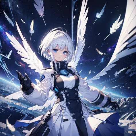 ((archangel　fantasy　white hair　short hair blue eyes　1 person))　((there is a galaxy　uniform　put on a coat without putting your ar...