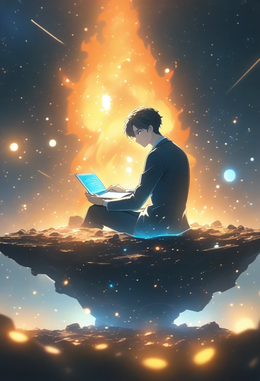 Drawing a young programmer, Sitting on a floating research platform in the middle of an asteroid belt. He is studying using a notebook, Surrounded by several asteroids that emit a fiery aura. Dramatic light from distant stars and planets illuminates the scene, Cast a deep shadow on the suit. Young people seem confident and determined, Gaze with wonder and reverence at the vast and mysterious universe,Facial hair, Cowboy Shot,