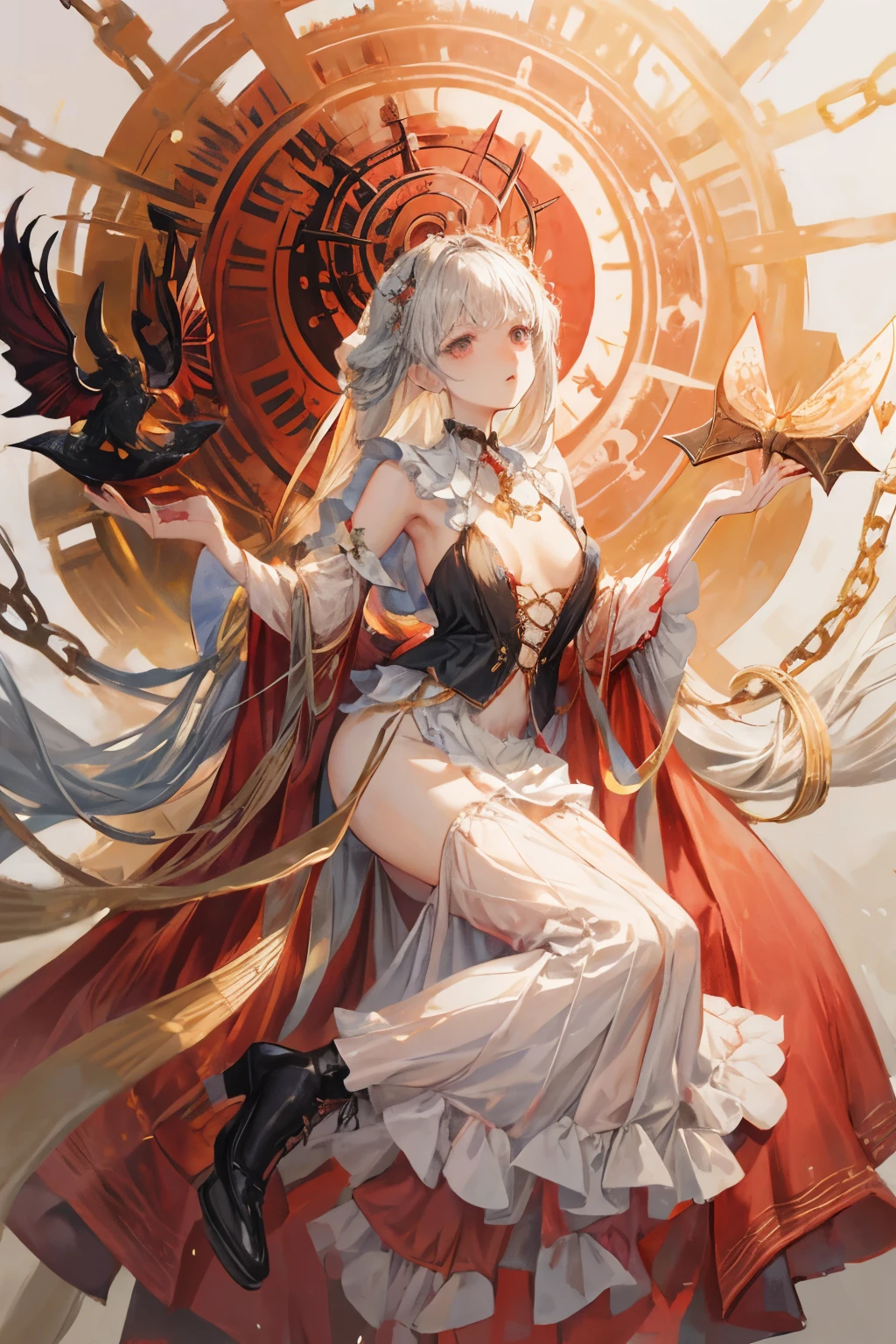  ((best quality)), ((masterpiece)), (detailed), 1girl, Character design, NSFW, scholarly  female, scholar, female scholar, educator, teacher, fortune teller, palm reader, astrology, astrological symbolism, star reading, celestrial theme, heavens, heavens above, constellations, blood magic, blood mage, dynamic poses, long white grey hair, grey white eyes, very skinny, detailed, best quality, no accesoires around the neck, no shoes, prominent collarbones, skinny arms, flat stomach, visible hip bones, full body, blank white background, plain background, white background, red and white clothing, Bloodborne inspired, occult aesthetic, occult, detailed and intricate steampunk and detailed gothic, NSFW, Fluttering lace flared long knee length dress with frilly petticoats, knee length dress, pleated petticoats, petticoats gothic, complex lace boots, gothic aesthetic, wielding a mighty sword with mechanical components, mandalas, small breasts, a fairy, various different types of insect wings, beetle wings, NSFW, full body, whole body, body, chains, 