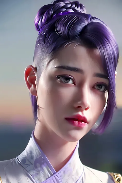 (hi-top fade:1.3), length purple hair, close up 