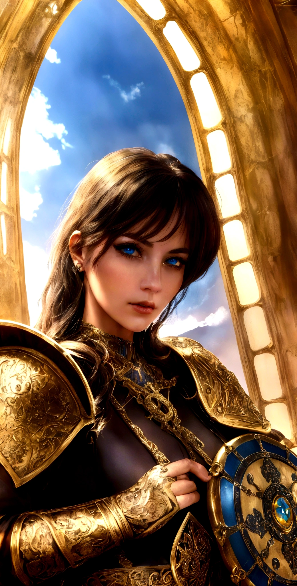 a beautiful woman paladin, beautiful detailed eyes, beautiful detailed lips, extremely detailed eyes and face, long eyelashes, woman in ornate fantasy armor, holding sword and shield, cathedral interior, sunlight streaming through stained glass windows, dramatic lighting, intricate details, cinematic composition, epic fantasy, vibrant colors, digital art