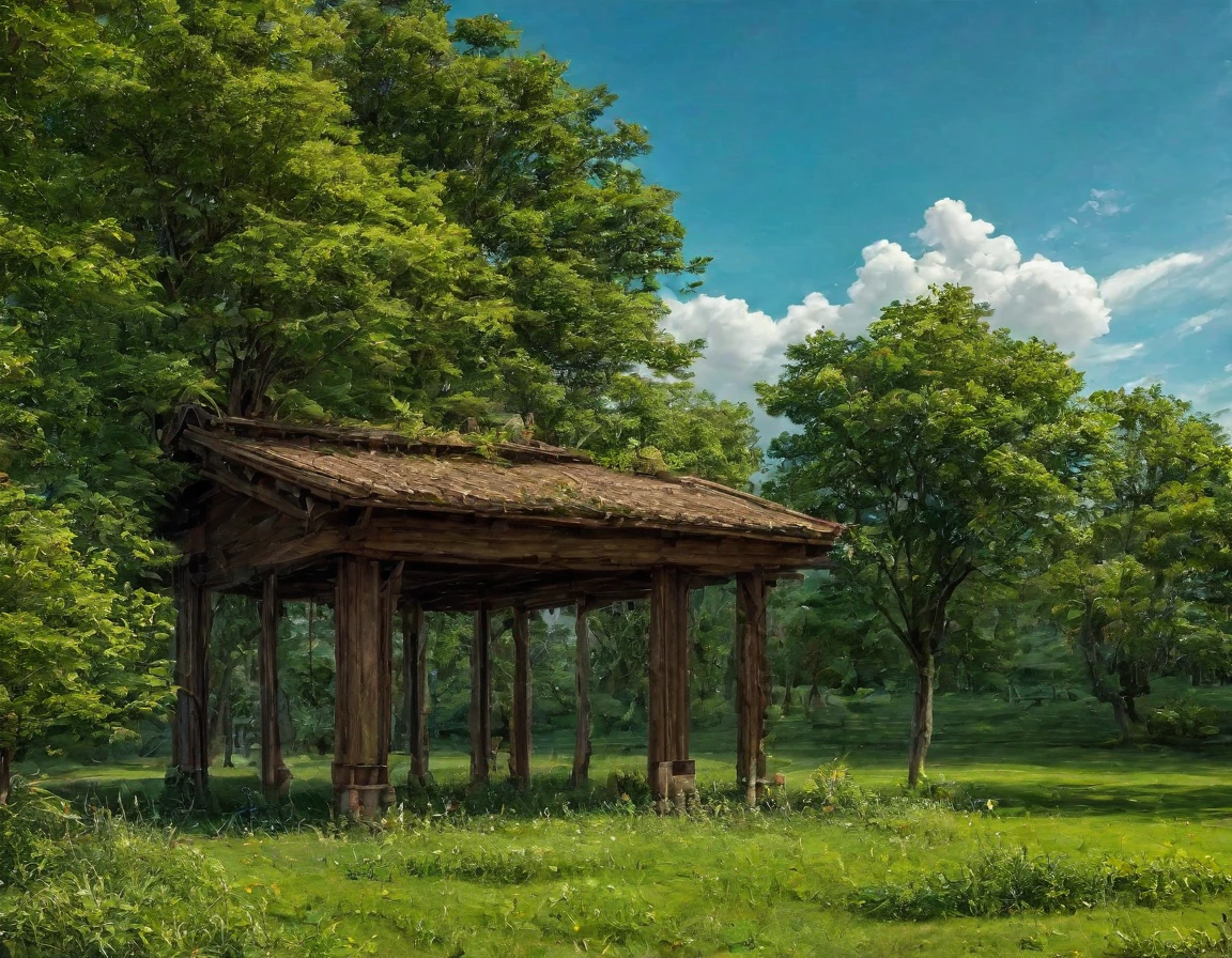 Gigantic green meadow with trees on the sides, an azure blue sky with white clouds. In the middle of the scene, il y a une maison en bois toute seule. [Timber house] [realistic] [scenery] [Nature]
