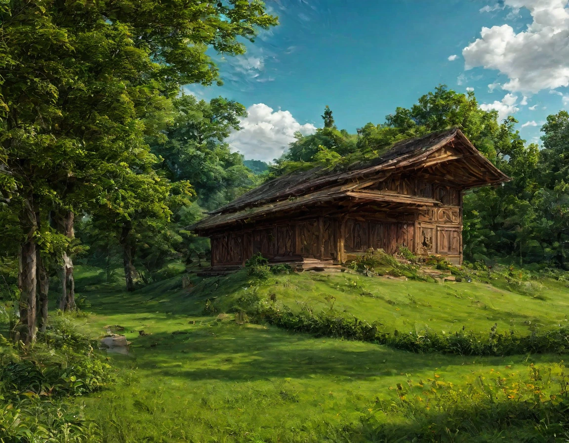 Gigantesque prairie verte avec des arbres sur les côtés, un ciel bleu azur avec des nuages blancs. au milieu de la scène, il y a une maison en bois toute seule. [Maison en bois] [Réaliste] [paysage] [nature]