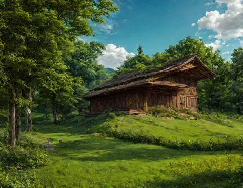 gigantic green meadow with trees on the sides, an azure blue sky with white clouds. in the middle of the scene, il y a une maiso...