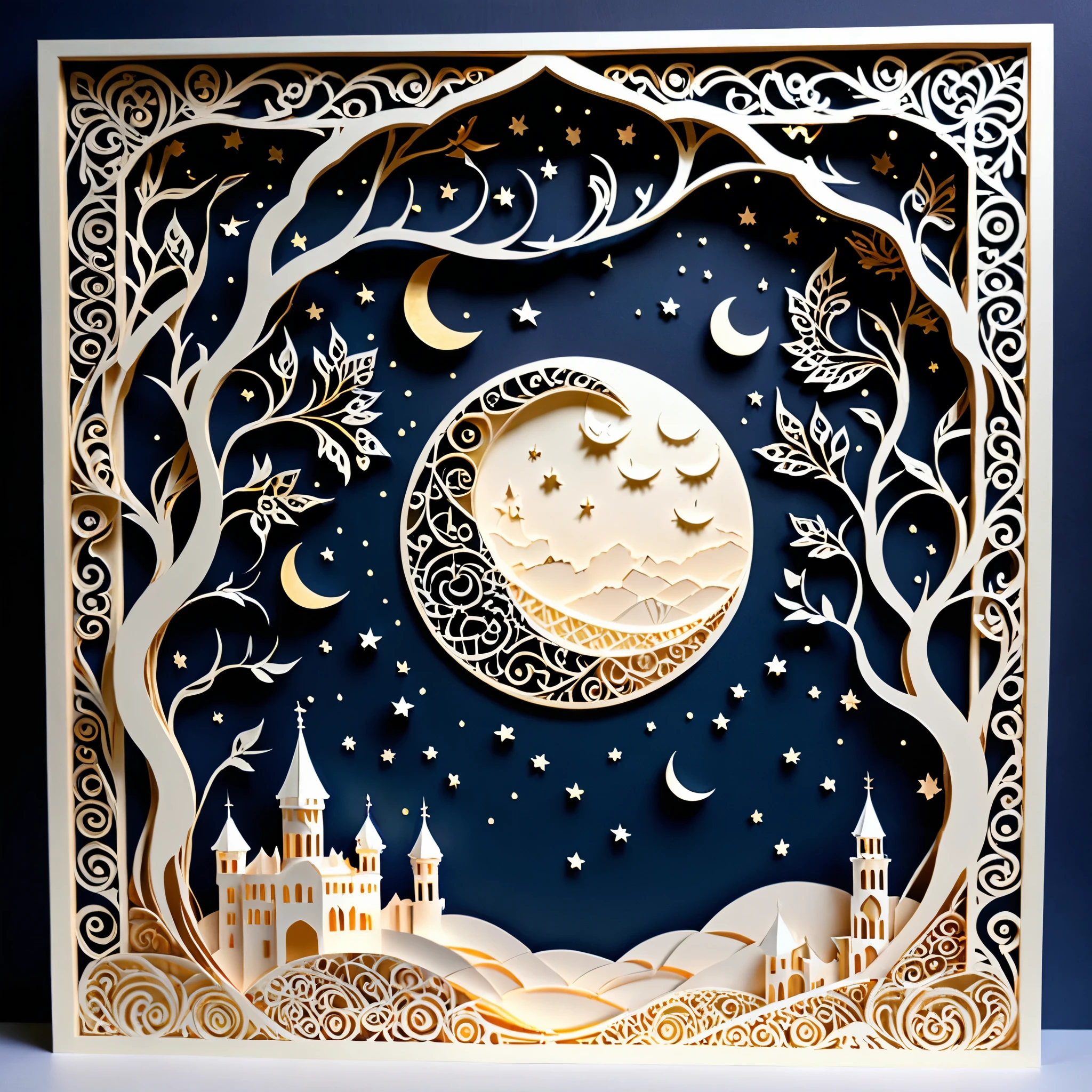 Create a detailed paper cutout artwork depicting an intricate scene of arabesque patterns against a moonlit night. The artwork should include elaborate, swirling designs that capture the essence of arabesque art, set against the backdrop of a serene night sky illuminated by a full moon. The moonlight should cast delicate shadows and highlights on the patterns, enhancing their depth and intricacy. The overall mood should be mystical and elegant, evoking a sense of timeless beauty.