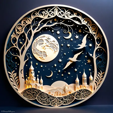 Create a detailed paper cutout artwork depicting an intricate scene of arabesque patterns against a moonlit night. The artwork s...