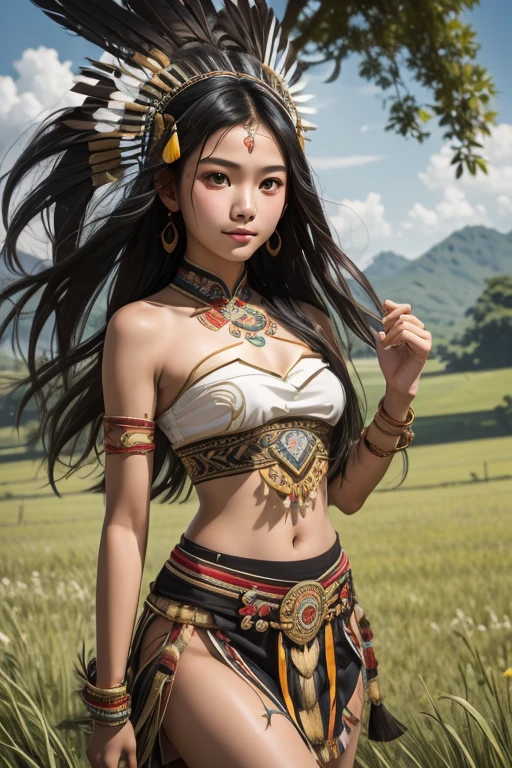  Chica joven china indonesia de pelo largo y negro, cara bonita, pechos hermosos, piel blanca, Vistiendo ropa tradicional Dayak sin mangas sin tirantes con decoración de plumas de pájaro en la cabeza bailando en el campo de hierba 