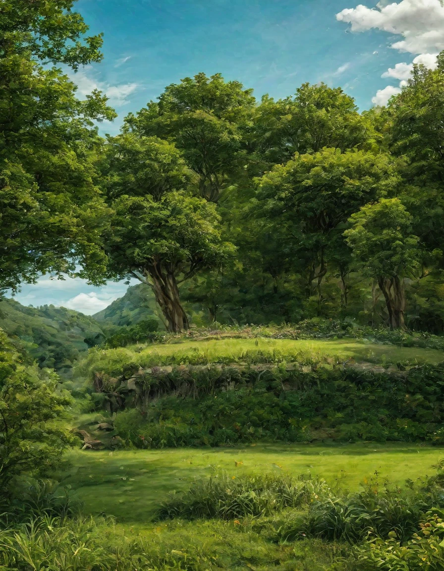 Riesige grüne Wiese mit Bäumen an den Seiten, ein azurblauer Himmel mit weißen Wolken. Mitten in der Szene, Es gibt ein ganz eigenes Holzhaus. [Holzhaus] [realistisch] [Landschaft] [Natur]