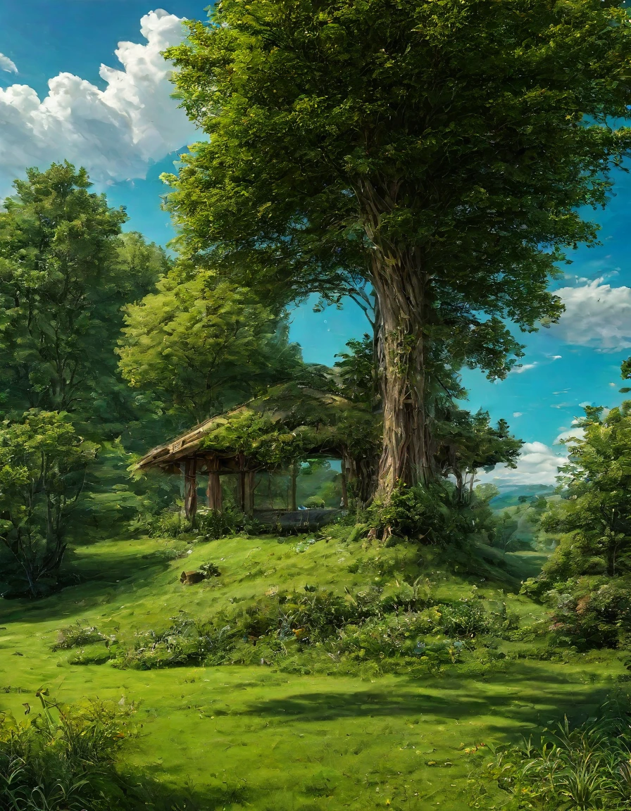 Gigantic green meadow with trees on the sides, an azure blue sky with white clouds. In the middle of the scene, il y a une maison en bois toute seule. [Timber house] [realistic] [scenery] [Nature]