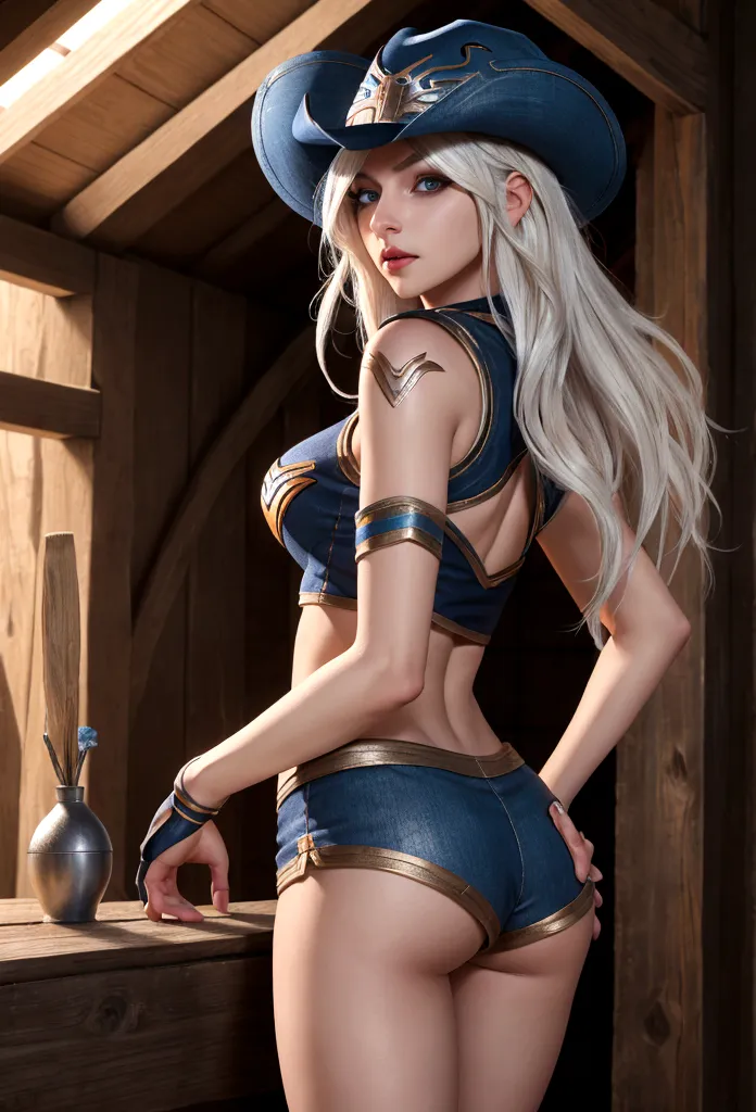 ashe from overwatch, 19 years old, slim figure, runners body, delicate nose, soft and delicate lips, facing away from camera, bu...