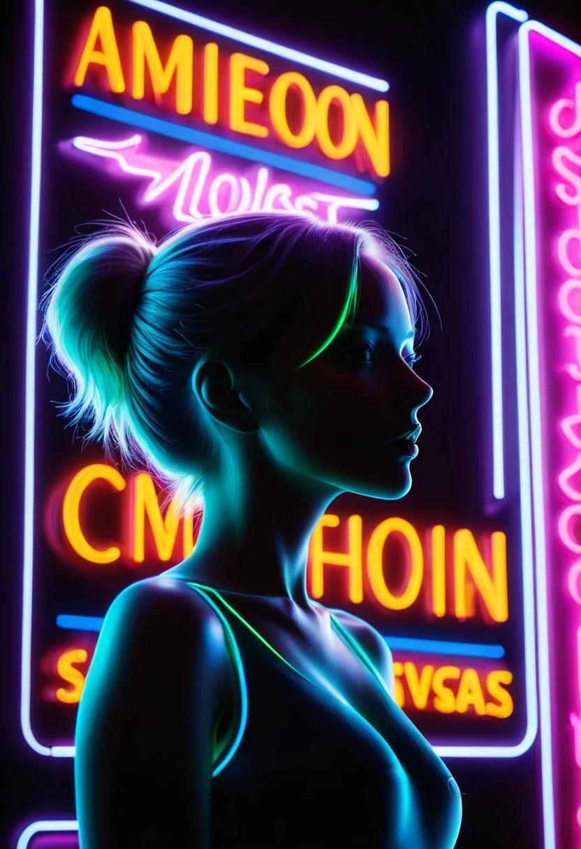 Side face silhouette，Shadow of beautiful woman under neon sign,Huge neon signboard，(Neon sign with text:1.5)
