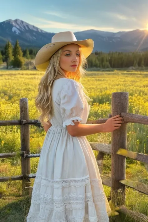 close up photography, a western scene, a beautiful lone blonde woman standing next to a split fence in a flower filled meadow in...