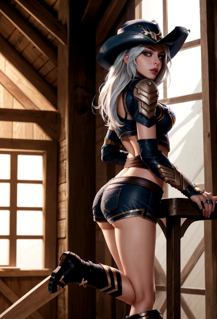 ashe from overwatch, 19 years old, slim figure, runners body, delicate nose, soft and delicate lips, facing away from camera, bu...