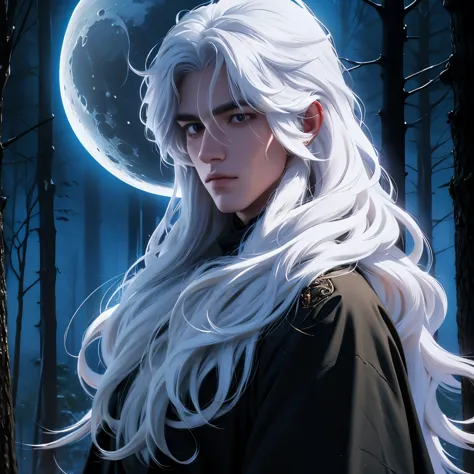 1male with long flowy white hair, no bangs, forest, moon in background, fantasy, fluffy hair, fur hair