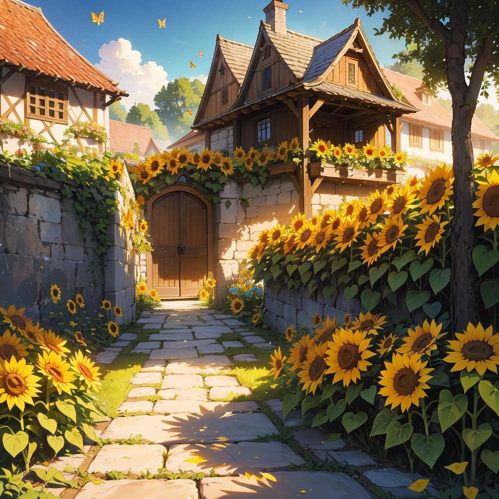 Imagine a tranquil medieval sunflower garden, where rows of towering sunflowers stand proudly under the warmth of the sun. Picture bees buzzing lazily among the vibrant blooms, collecting pollen as butterflies flutter gracefully from flower to flower. Stone pathways meander through the garden, bordered by fragrant herbs and bordered by ancient stone walls draped with ivy. In the distance, a rustic wooden bench invites visitors to pause and immerse themselves in the serene beauty of this medieval sanctuary. Capture the essence of natural beauty and peacefulness in this sun-drenched garden, where the simplicity of medieval life harmonizes with the splendor of nature."