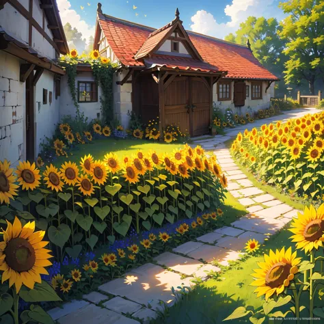 imagine a tranquil medieval sunflower garden, where rows of towering sunflowers stand proudly under the warmth of the sun. pictu...