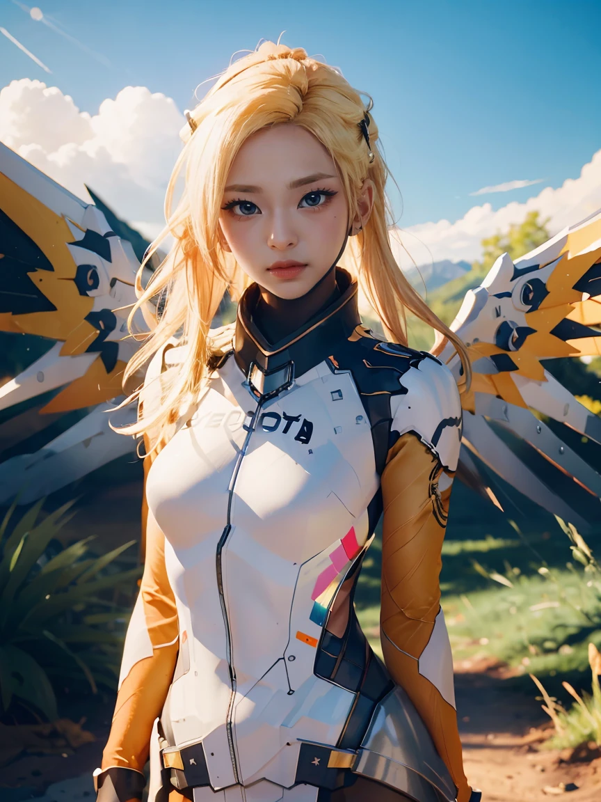 1girl, solo, mercy (overwatch), mechanical halo, breasts, blue eyes, blonde hair, pantyhose, mechanical wings, wings, halo,  holding, bodysuit,  yellow wings, brown pantyhose, lips, gloves, pelvic curtain, black gloves, big breast, full body, blue sky, green field with mountains, (realism:1.2), (masterpiece:1.2), (best quality), (ultra detailed), (8k, intricate), (85mm), light particles, lighting, (highly detailed:1.2), (detailed face:1.5), (gradients), sfw, colorful, (detailed eyes:1.2), (detailed background), (rule of third_composition:1.3), (Line of action:1.2), wide shot, daytlight, solo.