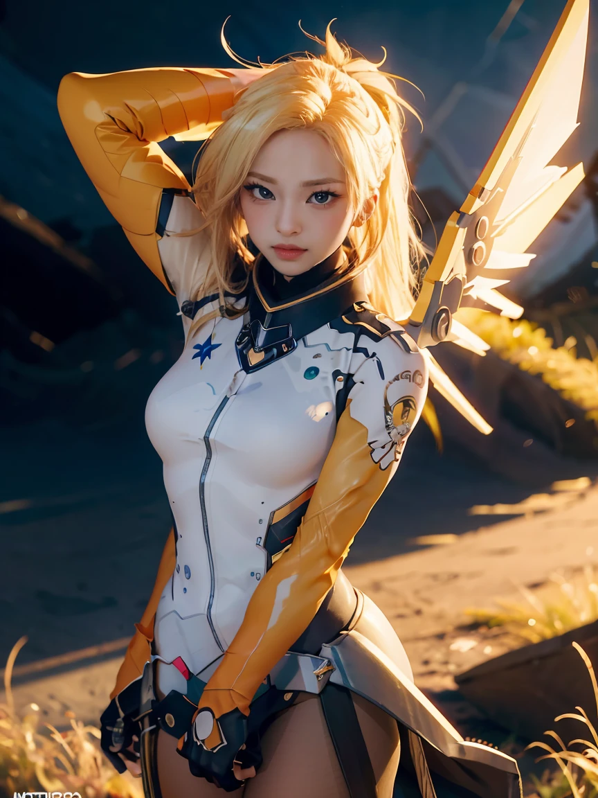 1girl, solo, mercy (overwatch), mechanical halo, breasts, blue eyes, blonde hair, pantyhose, mechanical wings, wings, halo,  holding, bodysuit,  yellow wings, brown pantyhose, lips, gloves, pelvic curtain, black gloves, big breast, full body, blue sky, green field with mountains, (realism:1.2), (masterpiece:1.2), (best quality), (ultra detailed), (8k, intricate), (85mm), light particles, lighting, (highly detailed:1.2), (detailed face:1.5), (gradients), sfw, colorful, (detailed eyes:1.2), (detailed background), (rule of third_composition:1.3), (Line of action:1.2), wide shot, daytlight, solo.