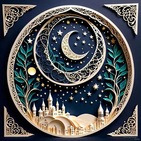 Create a detailed paper cutout artwork depicting an intricate scene of arabesque patterns against a moonlit night. The artwork s...