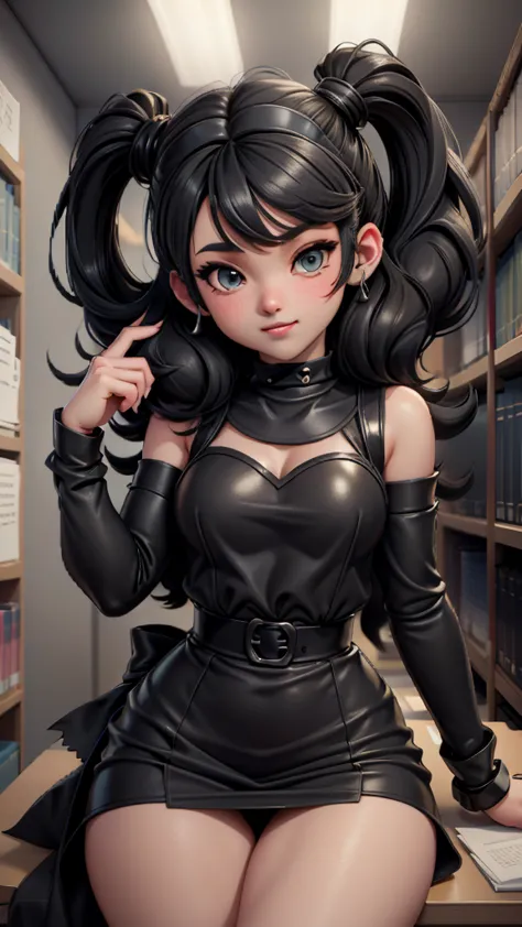 cute girl, black and gray siphonaptera type chibi, bright eyes with cute anime style expressions, in a library ("msx" written on...