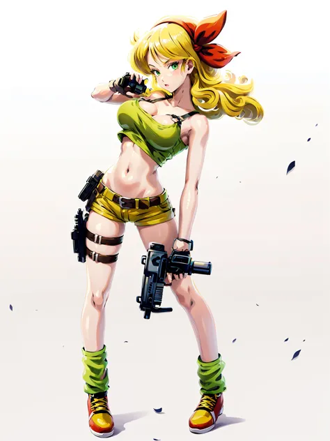 1girl, solo, weapon, blonde hair, shorts, gloves, gun, breasts, long hair, midriff, crop top, fingerless gloves, navel, shoes, f...