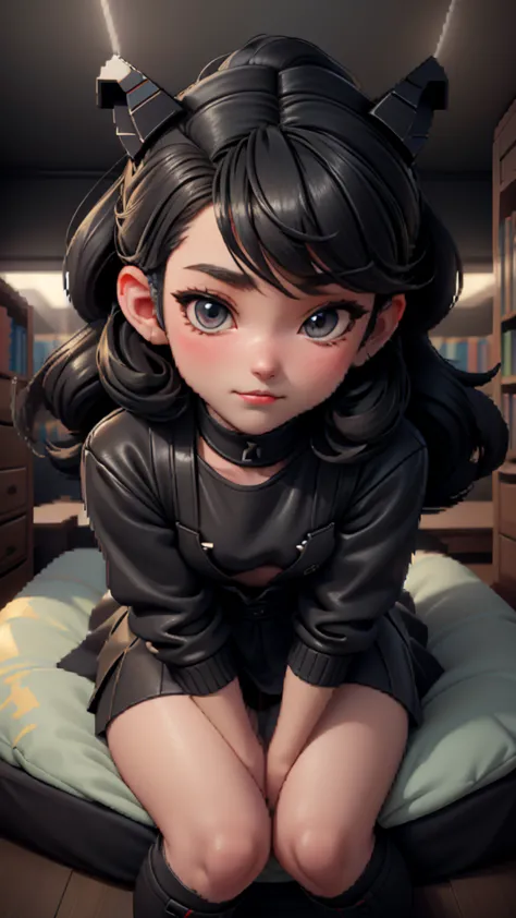 cute girl, black and gray siphonaptera type chibi, bright eyes with cute anime style expressions, in a dark corner and a bed ("m...