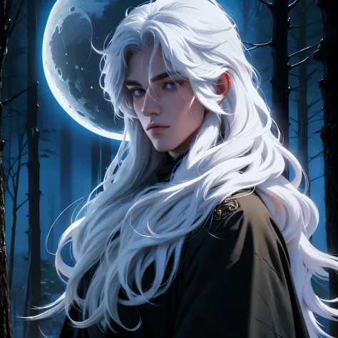 1male with long flowy white hair, no bangs, forest, moon in background, fantasy, fluffy hair, fur hair, (finely detailed beautif...