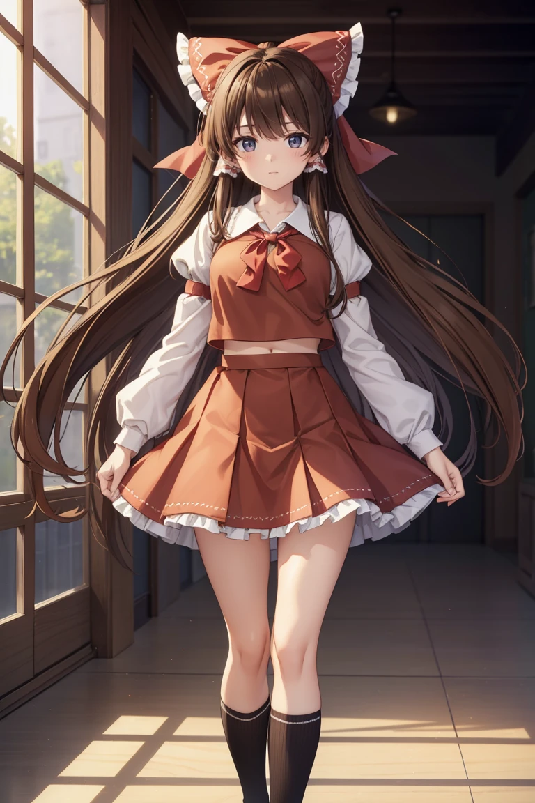 Reimu Hakurei, (Brown eyes:1.5), Brown Hair, bow, hair bow, Hair Tube, Long Hair, red bow, Side Lock, (((Slender body)))、(Girls' School Uniform)、
Full Body Shot,Smile Break (masterpiece:1.2), Highest quality, High resolution, unity 8k wallpaper, (figure:0.8), (Beautiful attention to detail), Highly detailed face, Perfect lighting, Highly detailed CG, (Perfect hands, Perfect Anatomy)