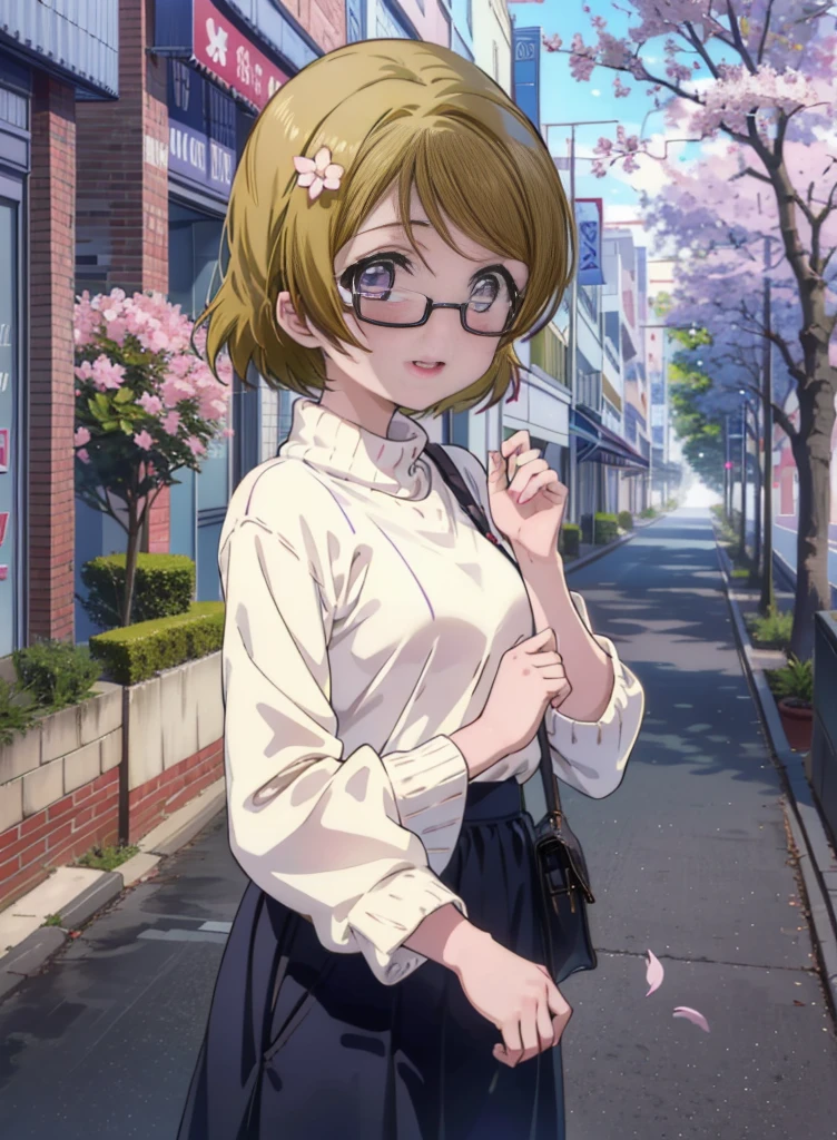 Hanayo koizumi, hanayo　koizumi, cabello corto, Pelo castaño, ojos morados,pechos grandes,Gafas con montura negra,suéter,Falda larga,Minibotas,Las flores de cerezo están floreciendo,Las flores de cerezo están esparcidas,Camino arbolado de los cerezos en flor,happy sonrisa, sonrisa, abre la boca,Como si todo tu cuerpo estuviera en la ilustración.,sonrisa,rubor,
descanso mirando al espectador, (tiro de vaquero:1. 5)
descansar al aire libre, Escuela　Escuela building, 
break (obra maestra:1.2), de la máxima calidad, Alta resolución, fondo de pantalla de unidad 8k, (forma:0.8), (ojos finos y hermosos:1.6), Cara muy detallada, Iluminación perfecta, CG muy detallado, (manos perfectas, anatomía perfecta),