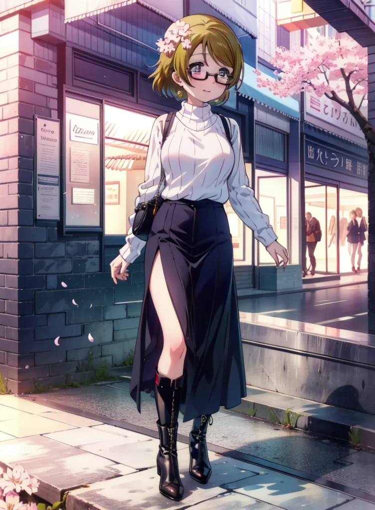 hanayo koizumi, hanayo　Koizumi, short hair, Brown Hair, Purple eyes,Big Breasts,Black-rimmed glasses,sweater,Long skirt,Mini Boots,Cherry blossoms are blooming,Cherry blossoms are scattered,Cherry blossom tree-lined path,happy smile, smile, Open your mouth,whole bodyがイラストの中に入っていくように,smile,blush,Walking,
break looking at viewer, whole body,
break outdoors,Building district,
break (masterpiece:1.2), Highest quality, High resolution, unity 8k wallpaper, (shape:0.8), (Fine and beautiful eyes:1.6), Highly detailed face, Perfect lighting, Highly detailed CG, (Perfect hands, Perfect Anatomy),