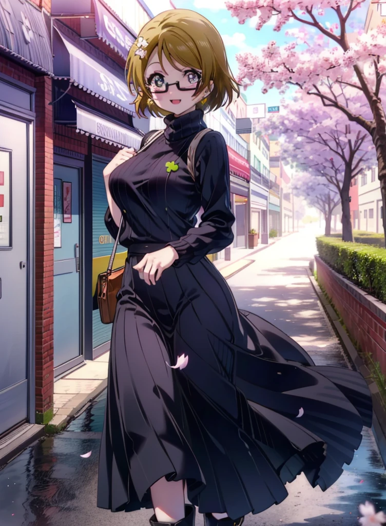 Hanayo koizumi, Hanayo　Koizumi, Cheveux courts, cheveux bruns, yeux violets,Gros seins,Lunettes à monture noire,Pull-over,Jupe longue,Mini-bottes,Les fleurs de cerisier fleurissent,Les fleurs de cerisier sont dispersées,Allée bordée de cerisiers en fleurs,happy sourire, sourire, Ouvrez la bouche,tout le corpsがイラストの中に入っていくように,sourire,rougir,marche,
casser looking at viewer, tout le corps,
casser outdoors,Quartier du bâtiment,
casser (chef-d&#39;œuvre:1.2), la plus haute qualité, haute résolution, unité 8k fond d&#39;écran, (forme:0.8), (Des yeux fins et beaux:1.6), Visage très détaillé, éclairage parfait, CG très détaillé, (des mains parfaites, Anatomie parfaite),