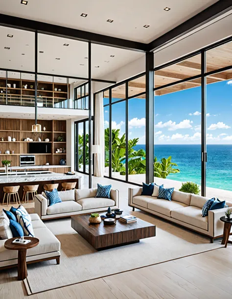 a luxurious beachside living space featuring an open-plan design with a seamless blend of indoor and outdoor elements. the inter...