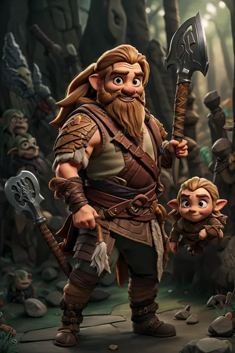 ((best quality)), a barbarian dwarf, holding axe, killing goblin